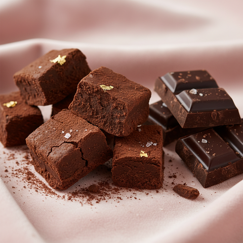 Traditional Belgian chocolate fudge pieces with rich dark chocolate chunks on a pink background